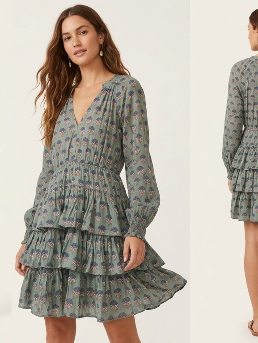 Marea Grace Mini Dress Long Sleeve Tiered Ruffle Floral Print Cotton India L